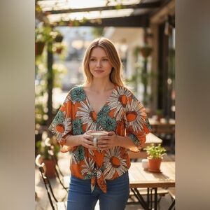 V neck Blouse with Orange, Turquoise, White Floral print, ties at waist, M